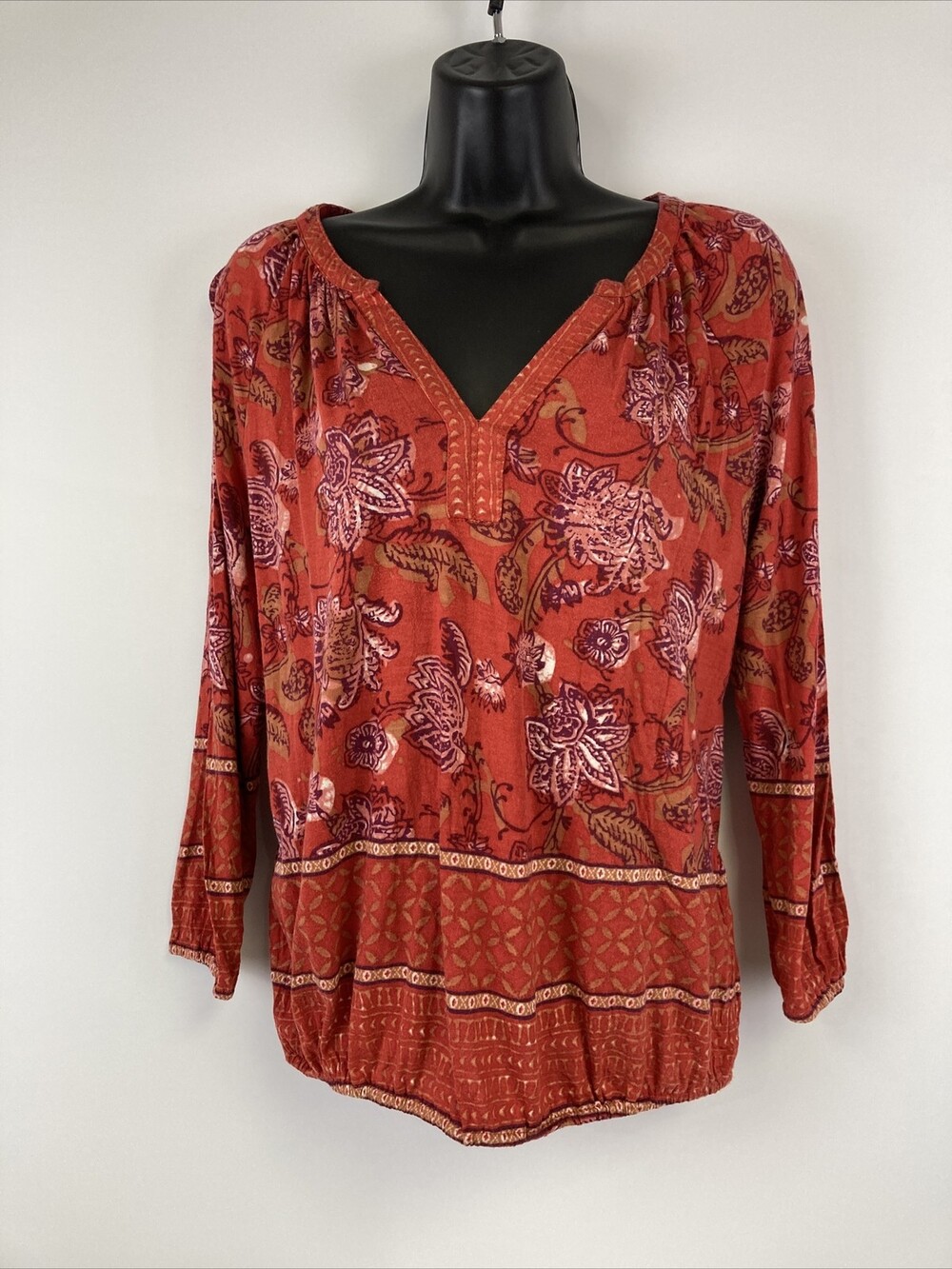 Lucky Brand Womens S Top Red Peasant Floral Boho Border Print Cotton 3/4 Sleeve
